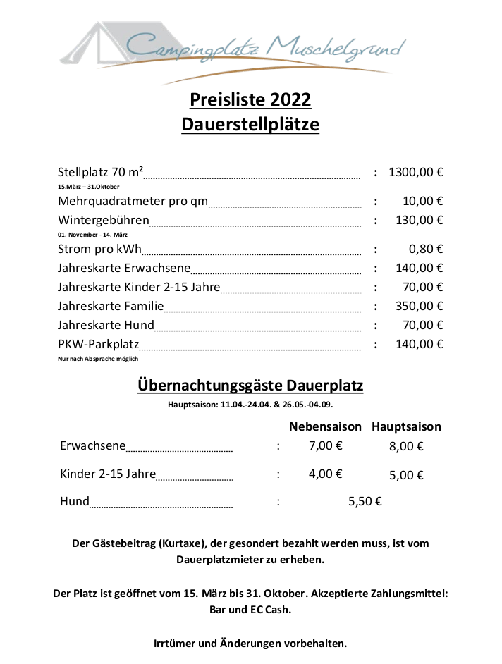 Preisliste Campingplatz Muschelgrund 2022